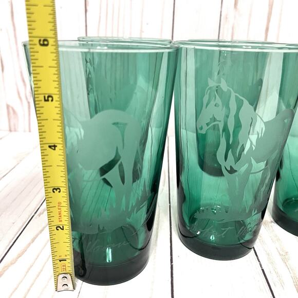 Robert Vavra Vintage Signed Frosted Etched Equestrian Green Glass Tumblers Set 5 - Picture 11 of 12